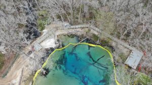 An overhead photo of restoration work at Cypress Spring from earlier in 2026. The image shows stabilization efforts around the shoreline of the spring with a boardwalk to help reduce the amount of people walking on the shoreline.